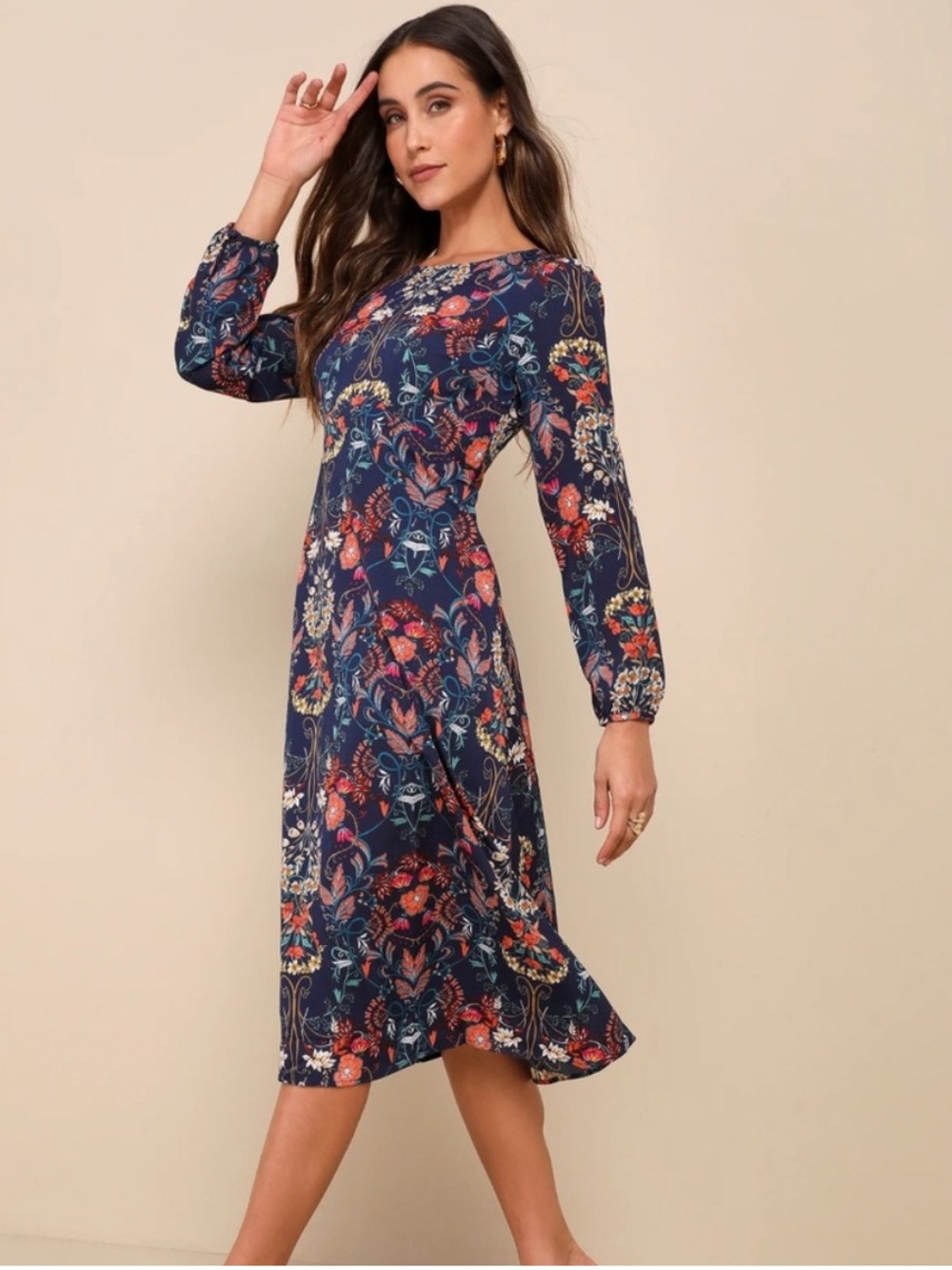 Lulu’s I Madeline Garden Splendor Navy Blue Floral Long Sleeve Midi Dress XS